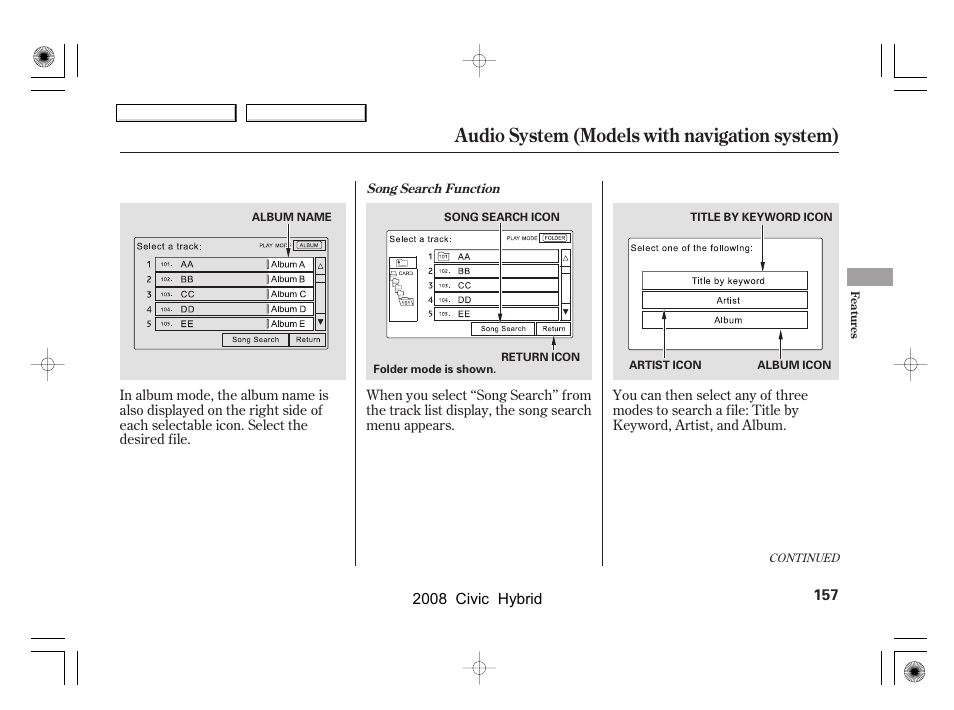 Audio system (models with navigation system) | HONDA 2008 Civic Hybrid - Owner's Manual User Manual | Page 160 / 300