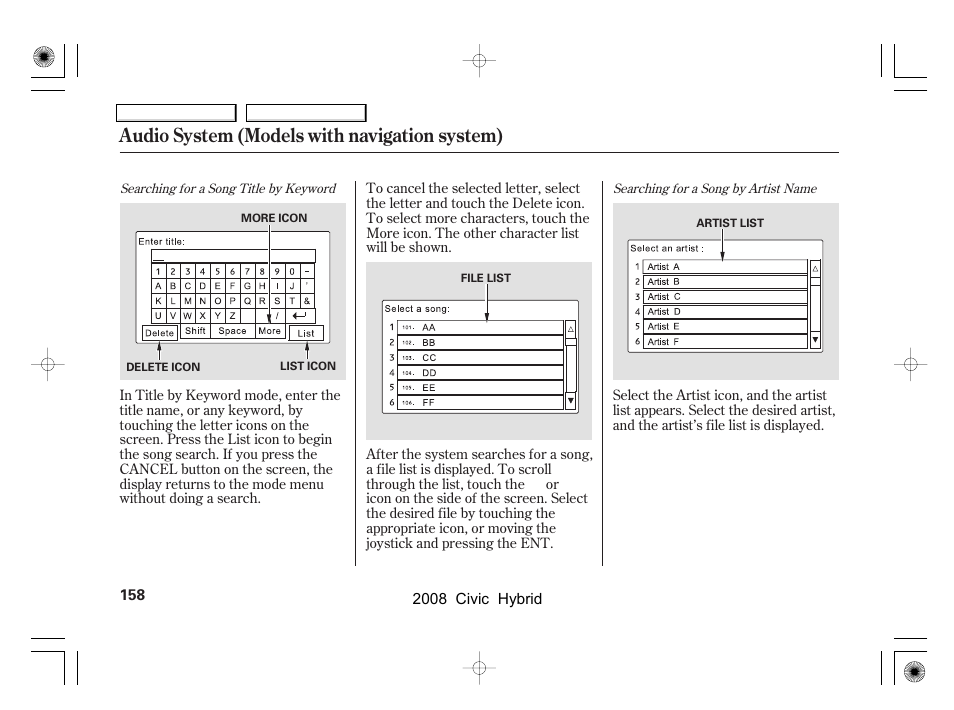 Audio system (models with navigation system) | HONDA 2008 Civic Hybrid - Owner's Manual User Manual | Page 161 / 300