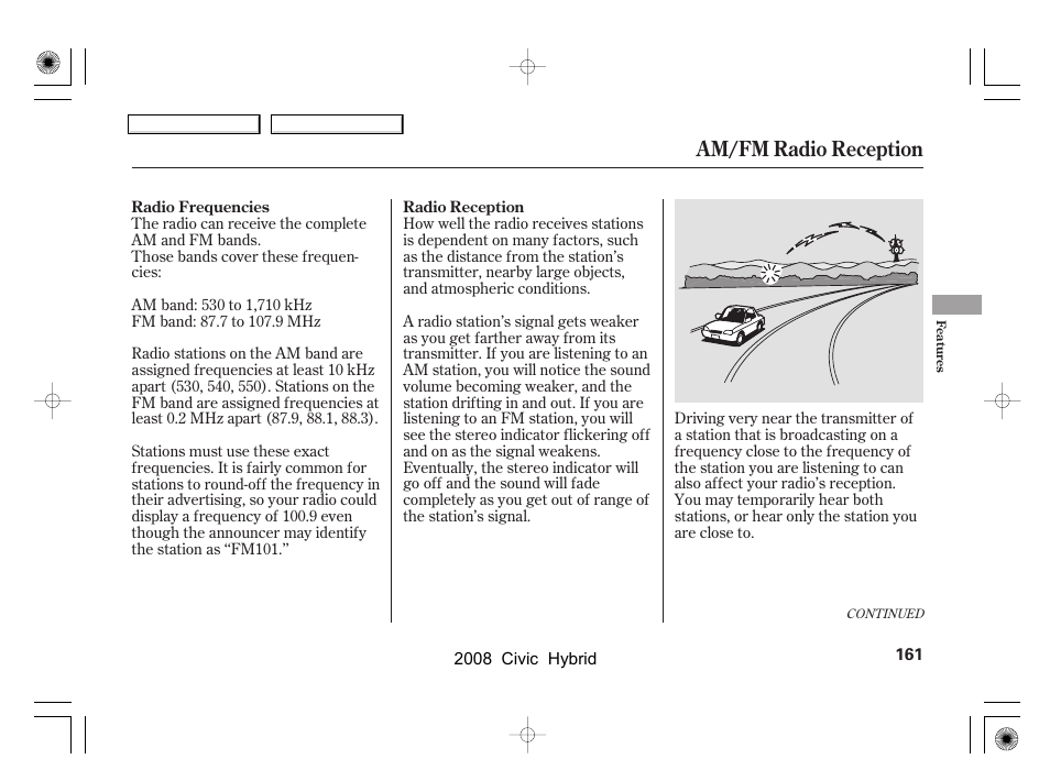 Am/fm radio reception | HONDA 2008 Civic Hybrid - Owner's Manual User Manual | Page 164 / 300