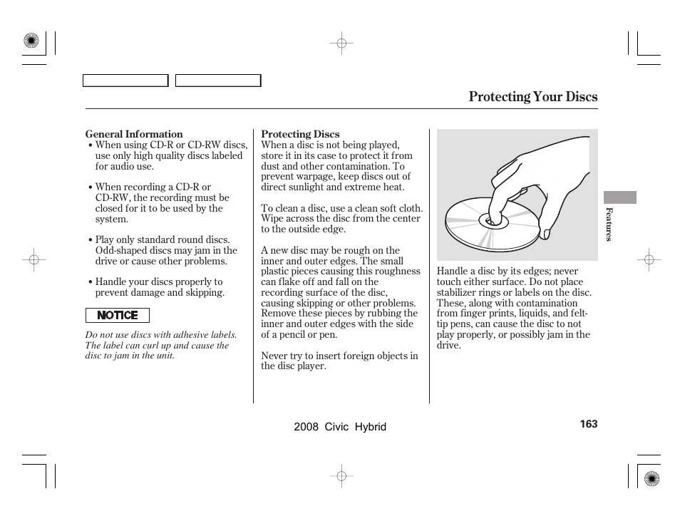 Protecting your discs | HONDA 2008 Civic Hybrid - Owner's Manual User Manual | Page 166 / 300