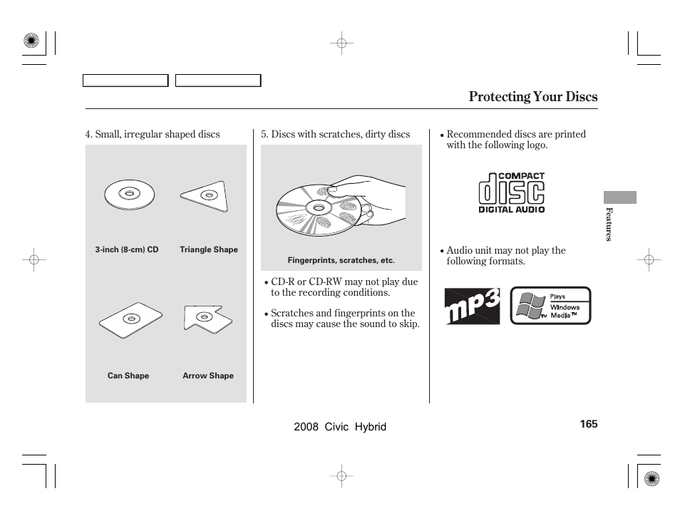 Protecting your discs | HONDA 2008 Civic Hybrid - Owner's Manual User Manual | Page 168 / 300