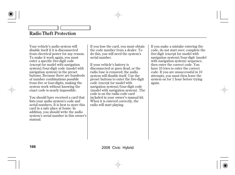 Radio theft protection | HONDA 2008 Civic Hybrid - Owner's Manual User Manual | Page 169 / 300