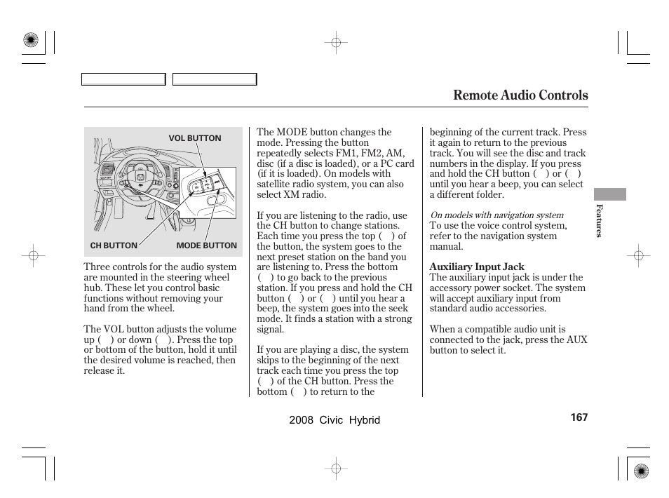 Remote audio controls | HONDA 2008 Civic Hybrid - Owner's Manual User Manual | Page 170 / 300