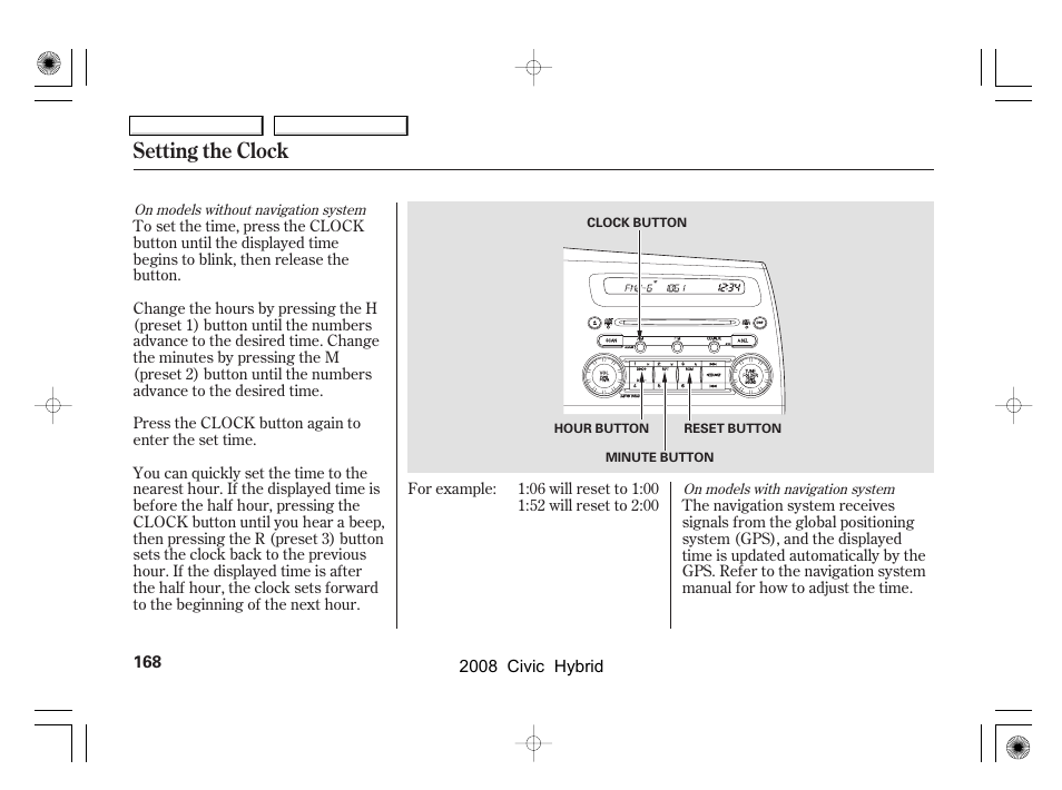 Setting the clock | HONDA 2008 Civic Hybrid - Owner's Manual User Manual | Page 171 / 300