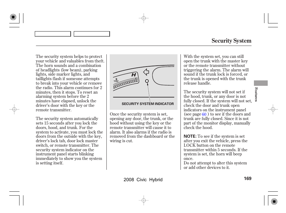 Security system | HONDA 2008 Civic Hybrid - Owner's Manual User Manual | Page 172 / 300