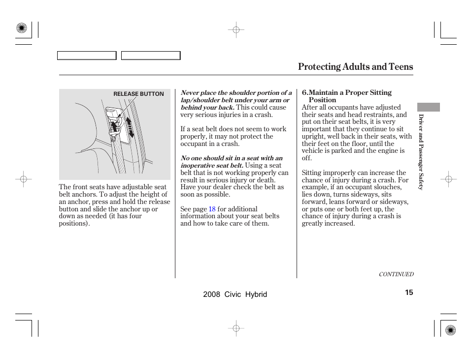 Protecting adults and teens | HONDA 2008 Civic Hybrid - Owner's Manual User Manual | Page 18 / 300