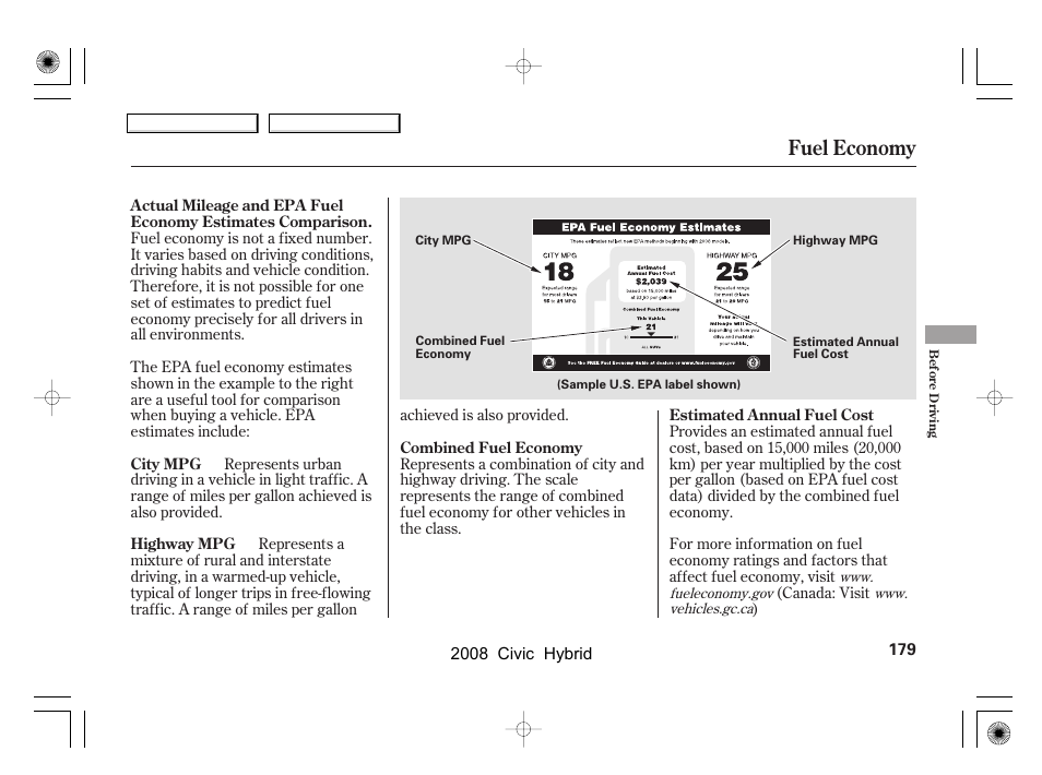 Fuel economy | HONDA 2008 Civic Hybrid - Owner's Manual User Manual | Page 182 / 300