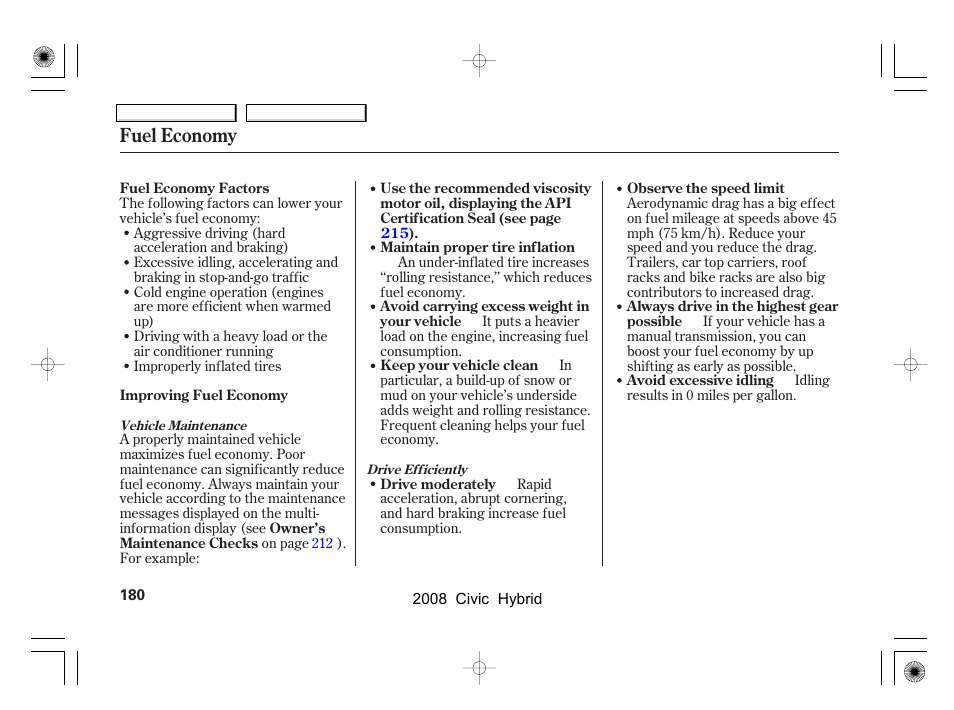 Fuel economy | HONDA 2008 Civic Hybrid - Owner's Manual User Manual | Page 183 / 300