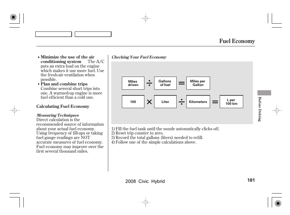 Fuel economy | HONDA 2008 Civic Hybrid - Owner's Manual User Manual | Page 184 / 300