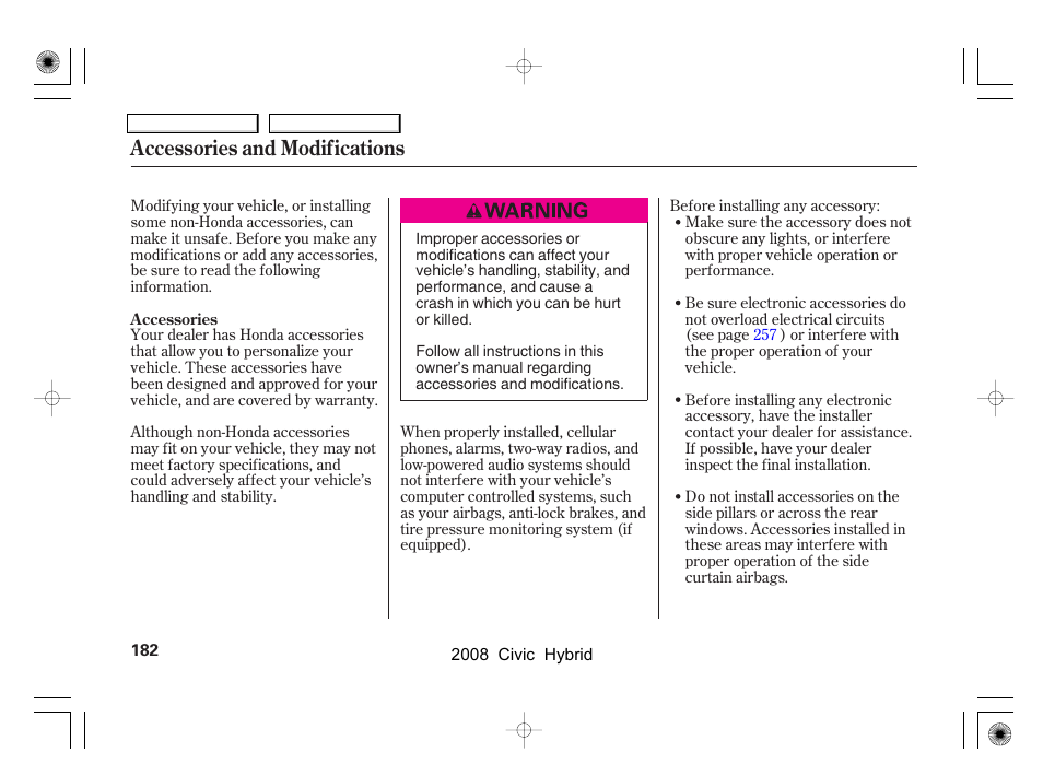 Accessories and modifications | HONDA 2008 Civic Hybrid - Owner's Manual User Manual | Page 185 / 300