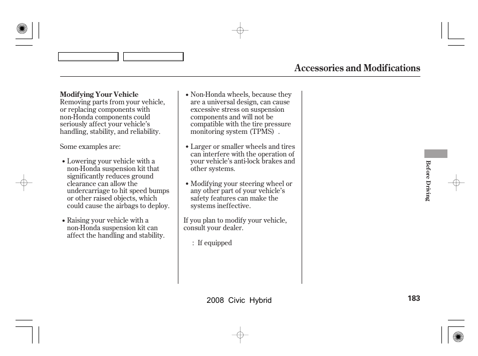 Accessories and modifications | HONDA 2008 Civic Hybrid - Owner's Manual User Manual | Page 186 / 300