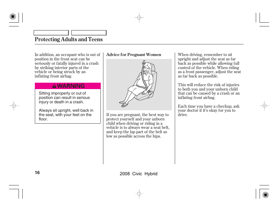 Protecting adults and teens | HONDA 2008 Civic Hybrid - Owner's Manual User Manual | Page 19 / 300