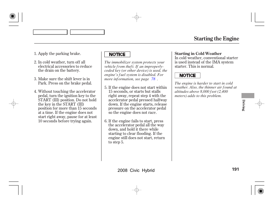 Starting the engine | HONDA 2008 Civic Hybrid - Owner's Manual User Manual | Page 194 / 300