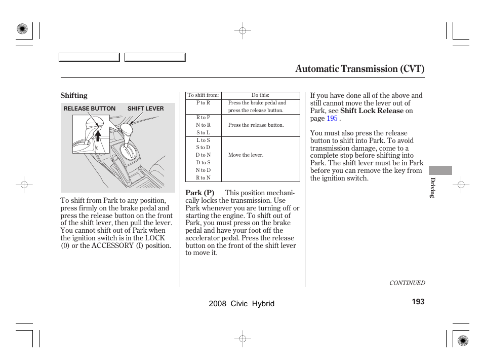 Automatic transmission (cvt) | HONDA 2008 Civic Hybrid - Owner's Manual User Manual | Page 196 / 300