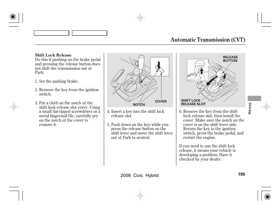 Automatic transmission (cvt) | HONDA 2008 Civic Hybrid - Owner's Manual User Manual | Page 198 / 300