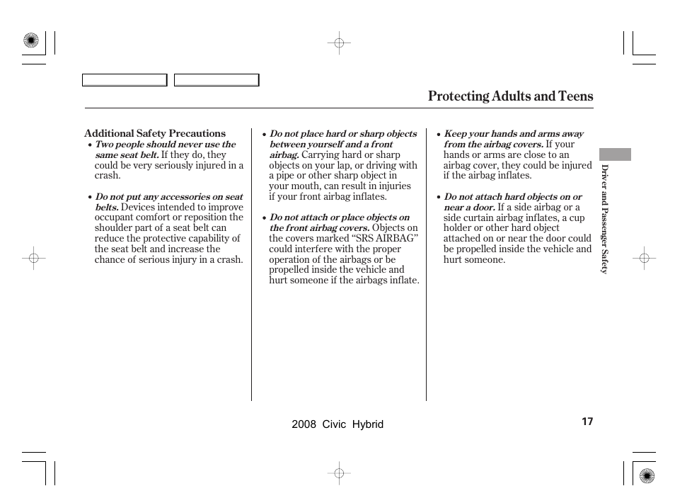 Protecting adults and teens | HONDA 2008 Civic Hybrid - Owner's Manual User Manual | Page 20 / 300