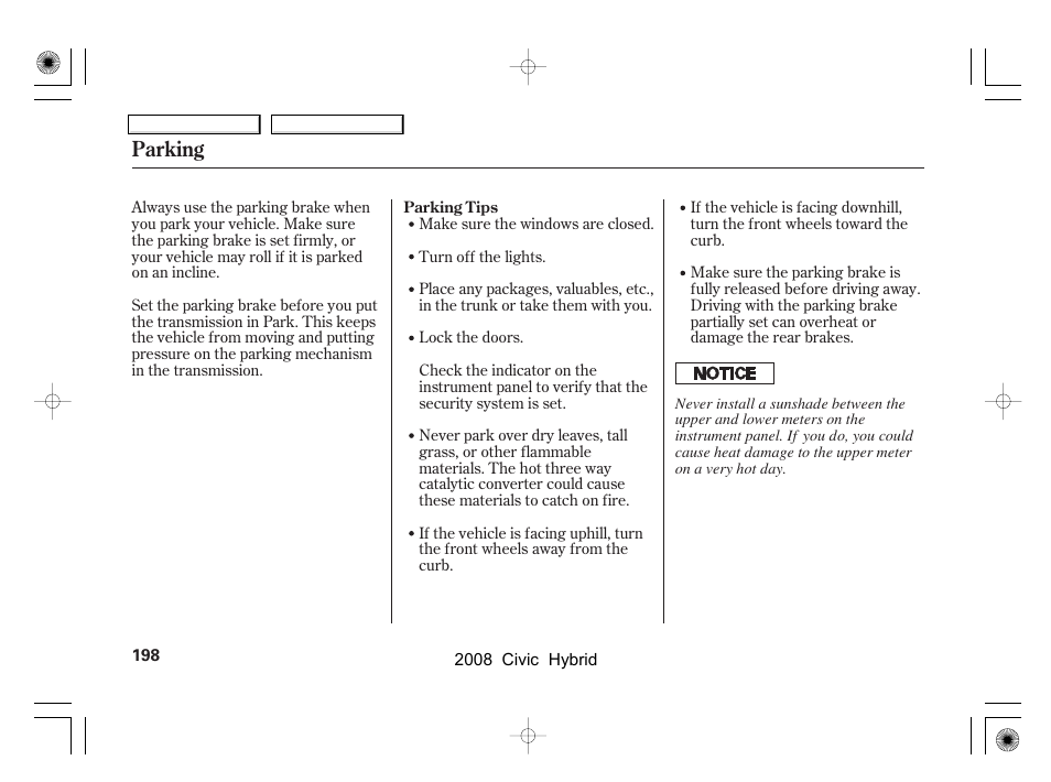 Parking | HONDA 2008 Civic Hybrid - Owner's Manual User Manual | Page 201 / 300