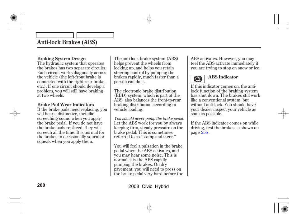 Anti-lock brakes (abs) | HONDA 2008 Civic Hybrid - Owner's Manual User Manual | Page 203 / 300