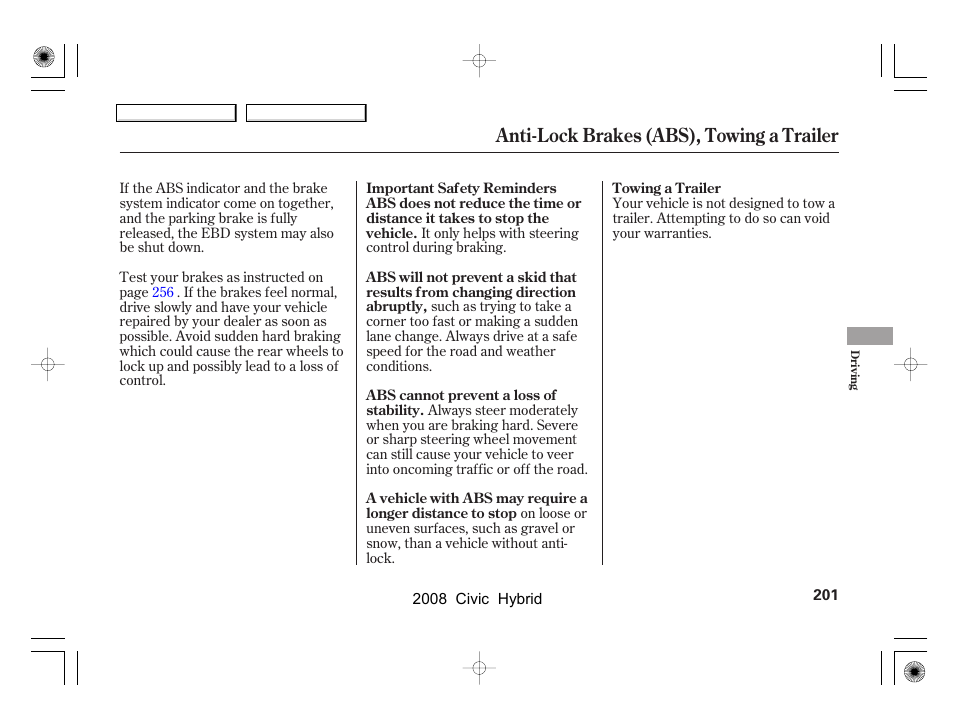 Anti-lock brakes (abs), towing a trailer | HONDA 2008 Civic Hybrid - Owner's Manual User Manual | Page 204 / 300