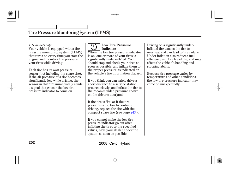 Tire pressure monitoring system (tpms) | HONDA 2008 Civic Hybrid - Owner's Manual User Manual | Page 205 / 300