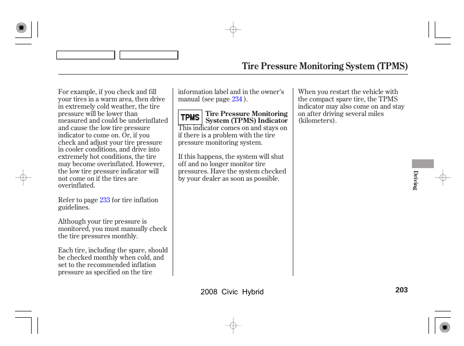 Tire pressure monitoring system (tpms) | HONDA 2008 Civic Hybrid - Owner's Manual User Manual | Page 206 / 300