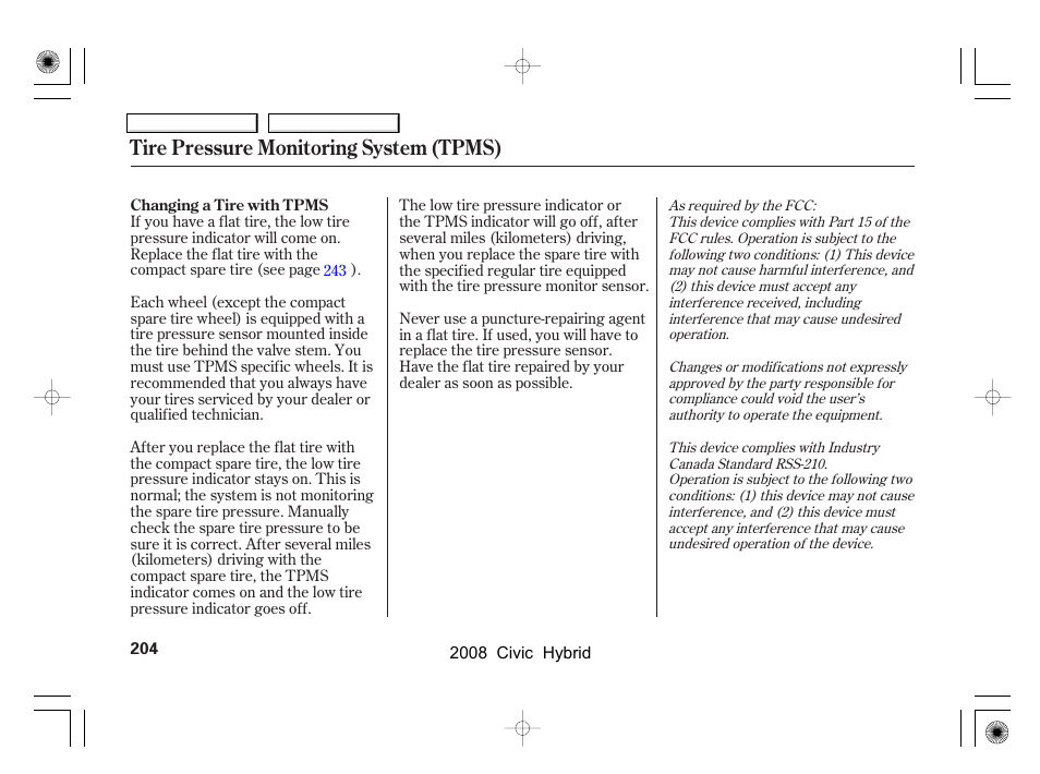 Tire pressure monitoring system (tpms) | HONDA 2008 Civic Hybrid - Owner's Manual User Manual | Page 207 / 300