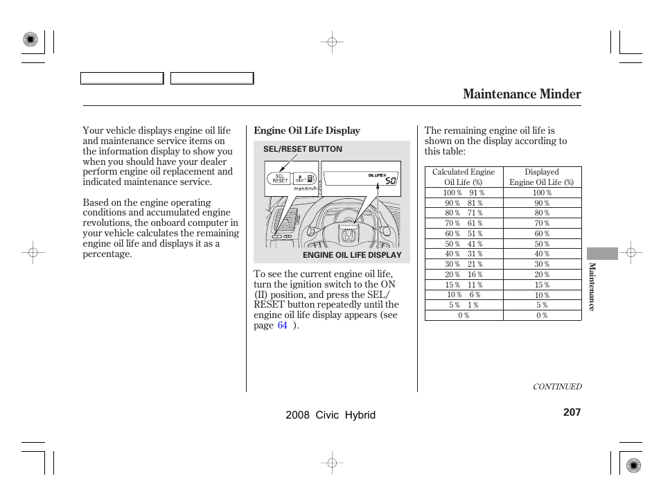 Maintenance minder | HONDA 2008 Civic Hybrid - Owner's Manual User Manual | Page 210 / 300