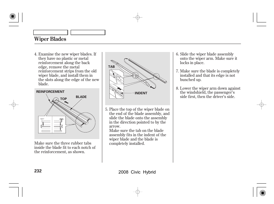 Wiper blades | HONDA 2008 Civic Hybrid - Owner's Manual User Manual | Page 235 / 300