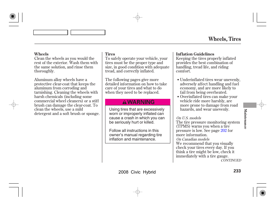 Wheels, tires | HONDA 2008 Civic Hybrid - Owner's Manual User Manual | Page 236 / 300