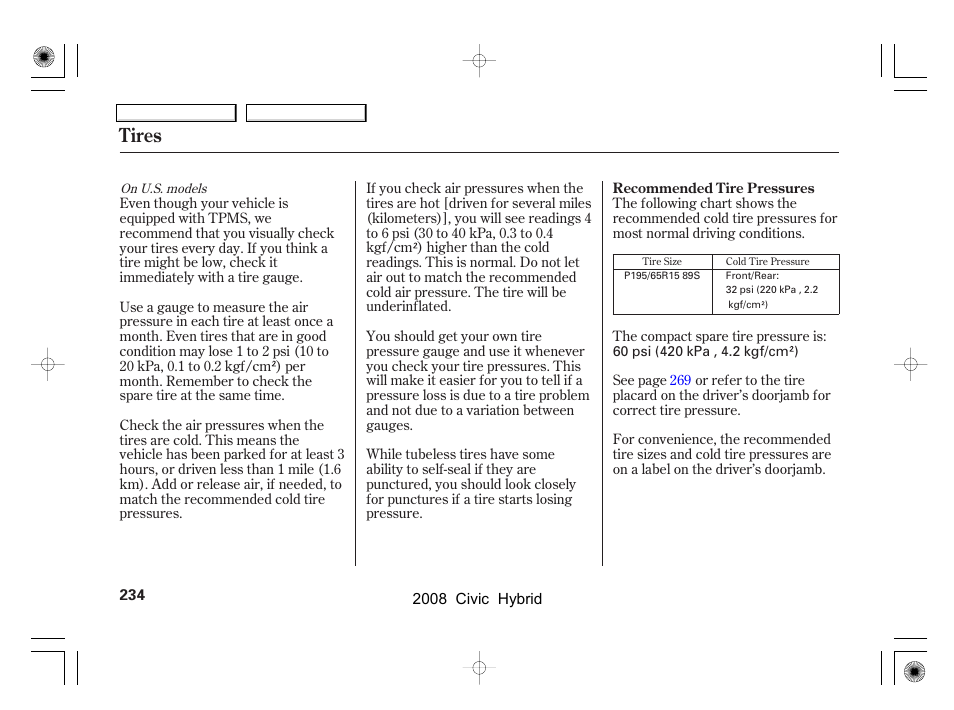 Tires | HONDA 2008 Civic Hybrid - Owner's Manual User Manual | Page 237 / 300