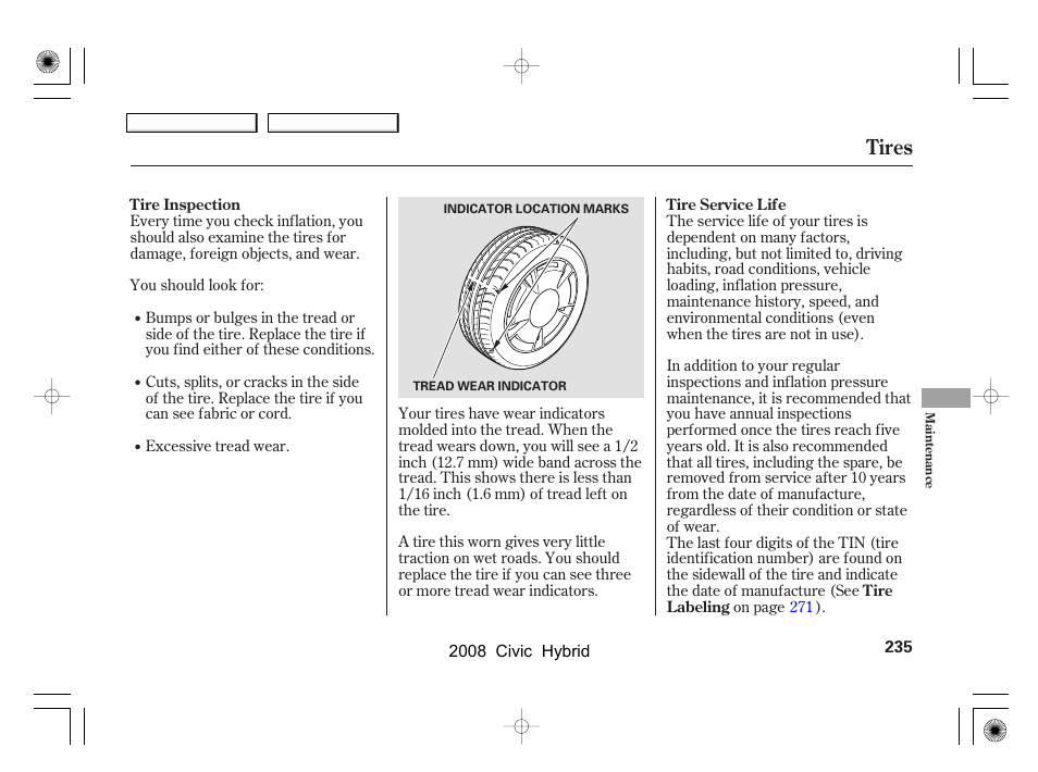 Tires | HONDA 2008 Civic Hybrid - Owner's Manual User Manual | Page 238 / 300