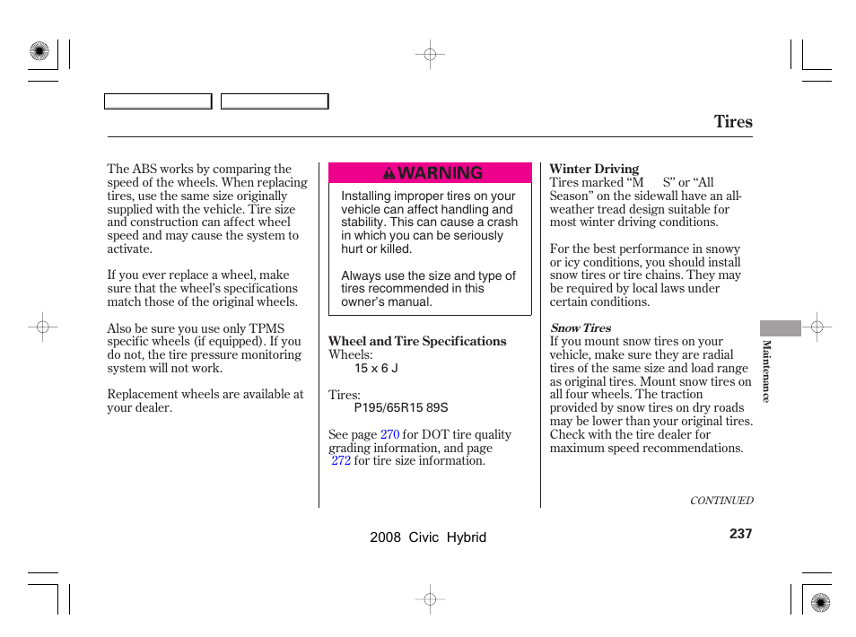 Tires | HONDA 2008 Civic Hybrid - Owner's Manual User Manual | Page 240 / 300