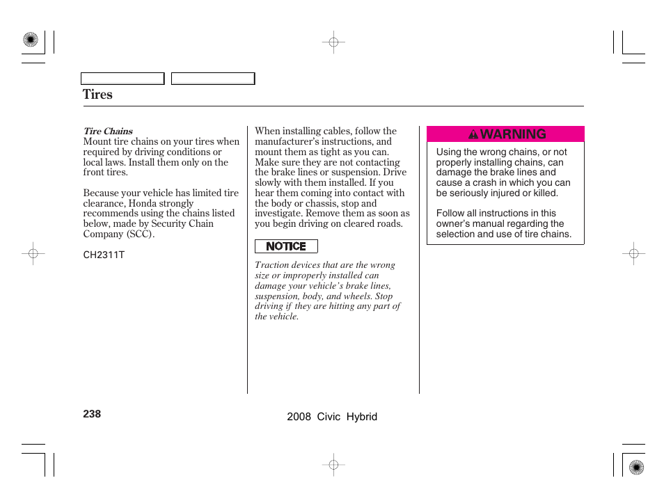 Tires | HONDA 2008 Civic Hybrid - Owner's Manual User Manual | Page 241 / 300