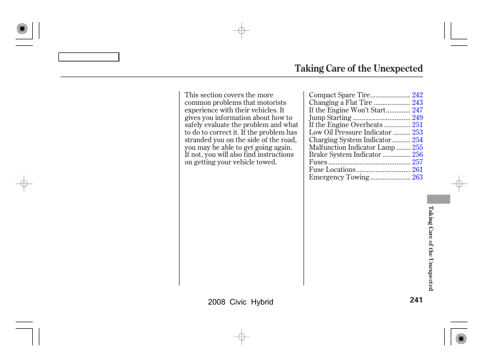 Taking care of the unexpected | HONDA 2008 Civic Hybrid - Owner's Manual User Manual | Page 244 / 300