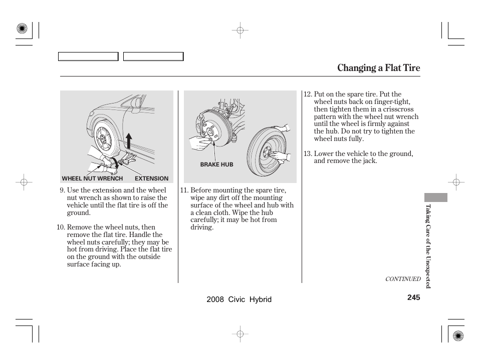 Changing a flat tire | HONDA 2008 Civic Hybrid - Owner's Manual User Manual | Page 248 / 300