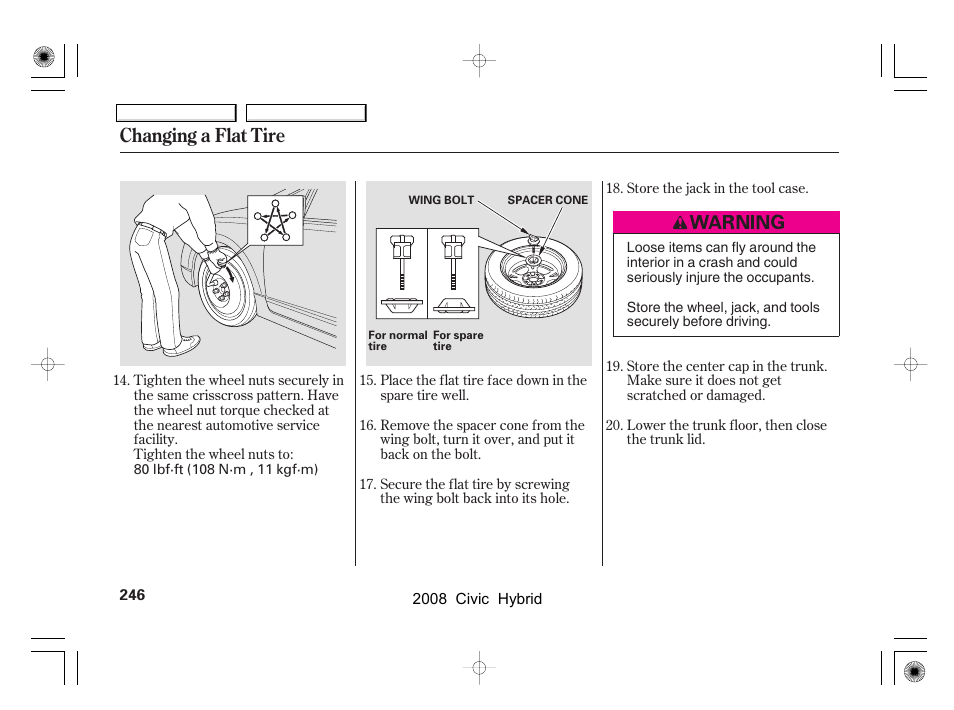 Changing a flat tire | HONDA 2008 Civic Hybrid - Owner's Manual User Manual | Page 249 / 300