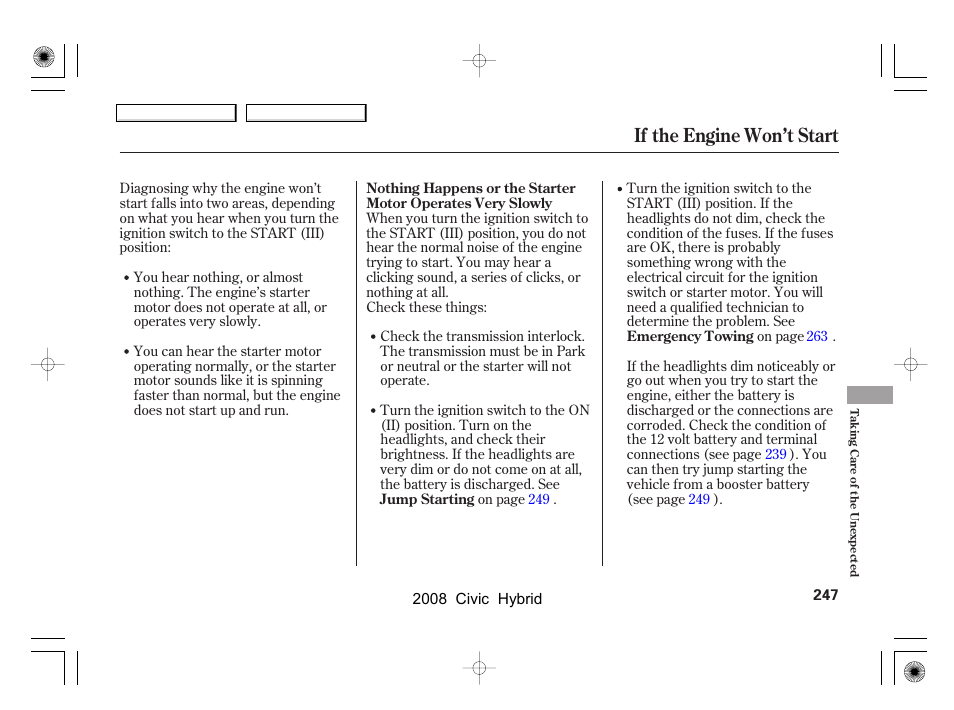 If the engine won’t start | HONDA 2008 Civic Hybrid - Owner's Manual User Manual | Page 250 / 300