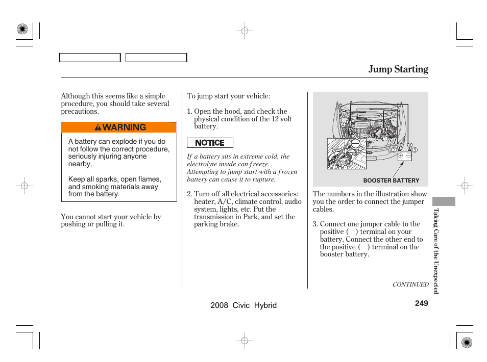 Jump starting | HONDA 2008 Civic Hybrid - Owner's Manual User Manual | Page 252 / 300