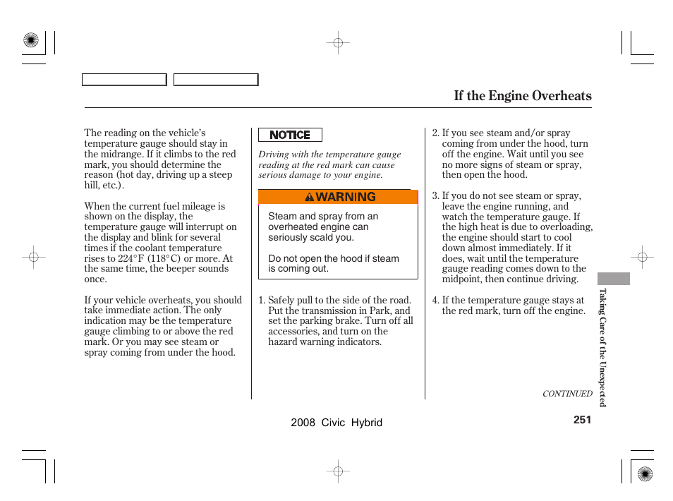 If the engine overheats | HONDA 2008 Civic Hybrid - Owner's Manual User Manual | Page 254 / 300