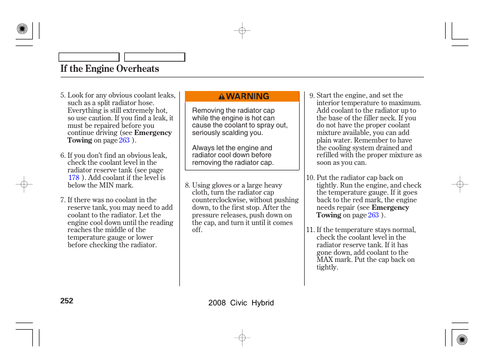 If the engine overheats | HONDA 2008 Civic Hybrid - Owner's Manual User Manual | Page 255 / 300