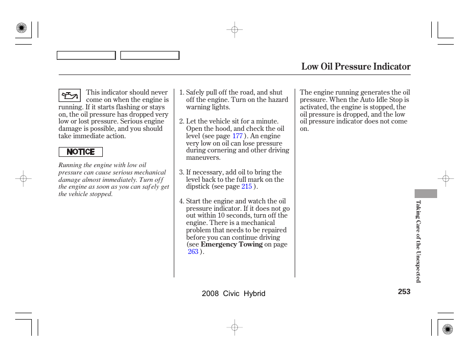 Low oil pressure indicator | HONDA 2008 Civic Hybrid - Owner's Manual User Manual | Page 256 / 300