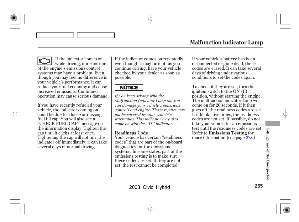 Malfunction indicator lamp | HONDA 2008 Civic Hybrid - Owner's Manual User Manual | Page 258 / 300