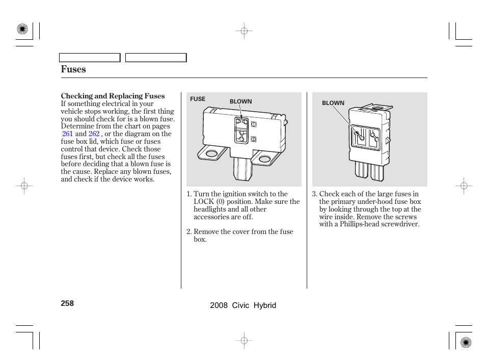 Fuses | HONDA 2008 Civic Hybrid - Owner's Manual User Manual | Page 261 / 300