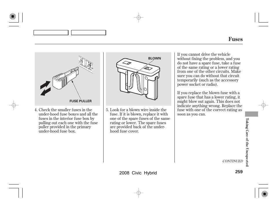 Fuses | HONDA 2008 Civic Hybrid - Owner's Manual User Manual | Page 262 / 300