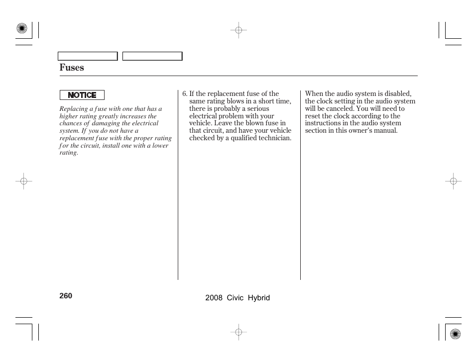 Fuses | HONDA 2008 Civic Hybrid - Owner's Manual User Manual | Page 263 / 300