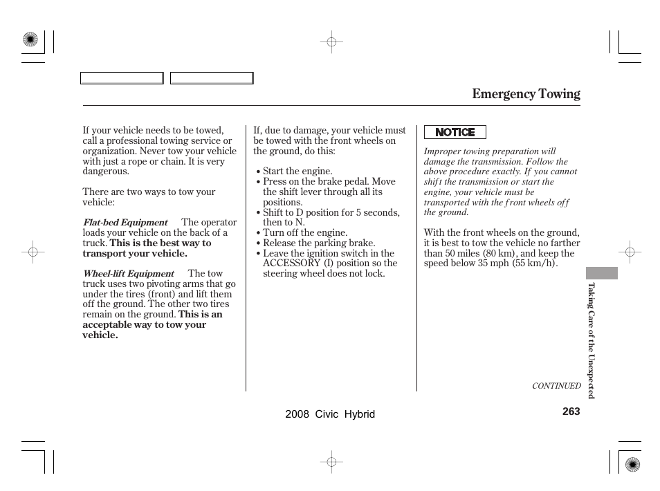 Emergency towing | HONDA 2008 Civic Hybrid - Owner's Manual User Manual | Page 266 / 300