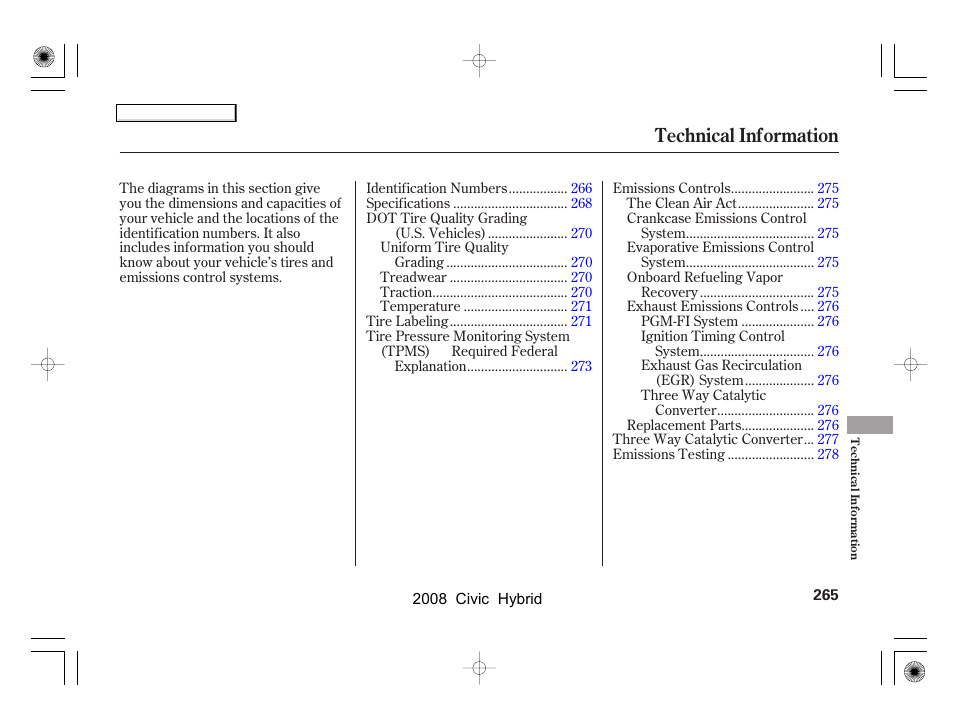 Technical information | HONDA 2008 Civic Hybrid - Owner's Manual User Manual | Page 268 / 300