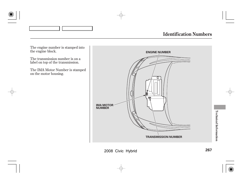 Identification numbers | HONDA 2008 Civic Hybrid - Owner's Manual User Manual | Page 270 / 300