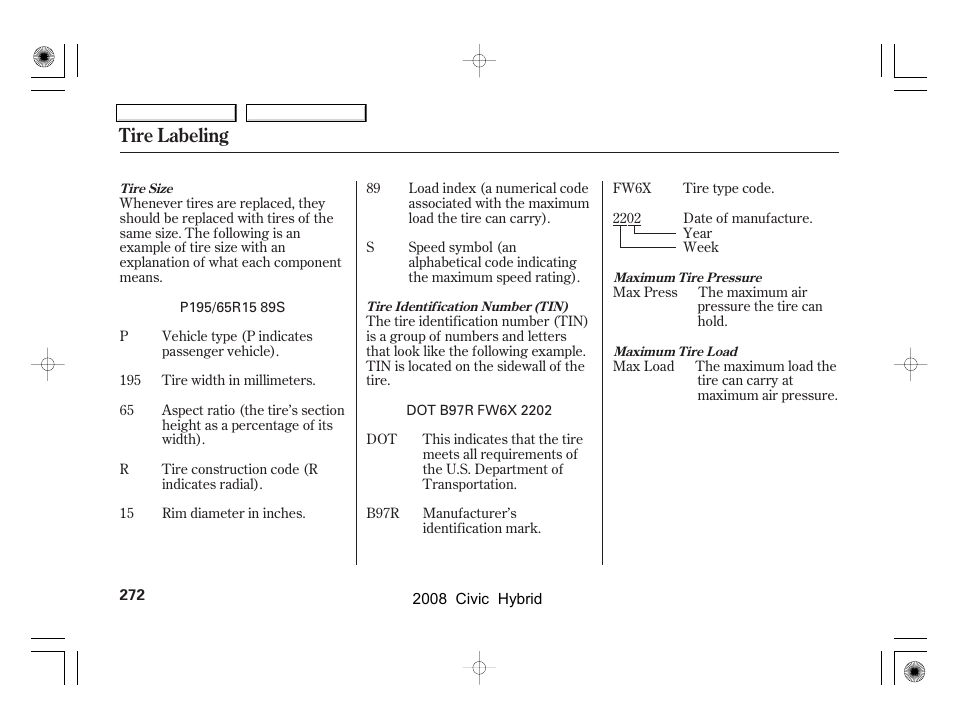 Tire labeling | HONDA 2008 Civic Hybrid - Owner's Manual User Manual | Page 275 / 300