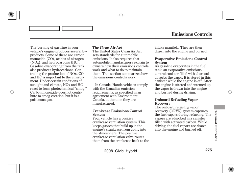 Emissions controls | HONDA 2008 Civic Hybrid - Owner's Manual User Manual | Page 278 / 300